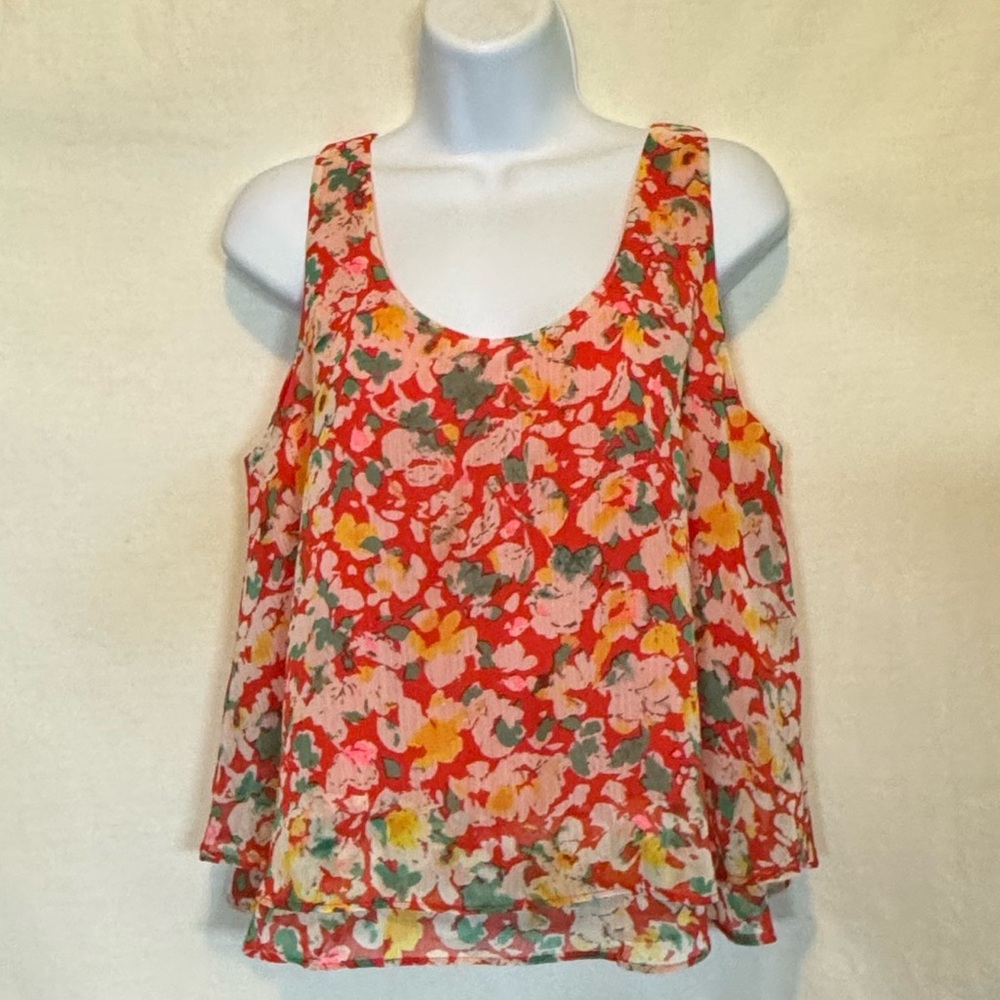 F-180 Canyon River Blues Orange Floral Sleeveless Lined Pullover Blouse Size M